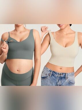 2 New Momanda Natrelax® Nursing Crop Tank Tops Size Medium (Sage Green & Tan)
